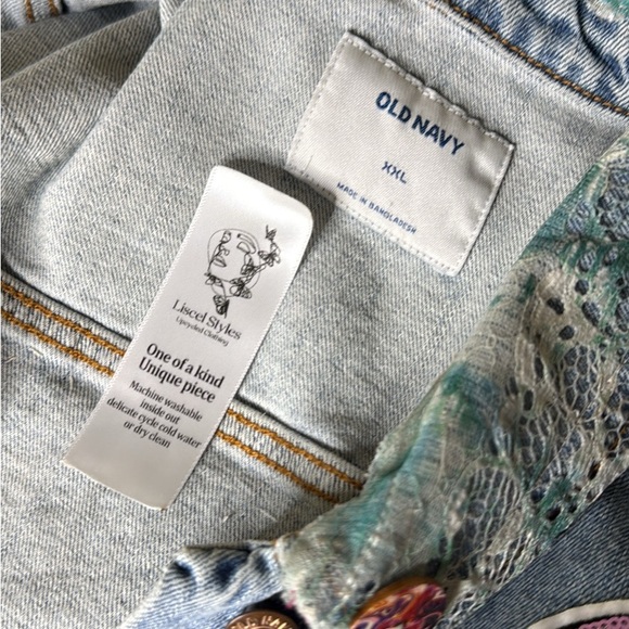 Up cycled Old Navy Denim Jacket Pink Floyd Colorful Lace Accents XXL Hand Done - Picture 6 of 6